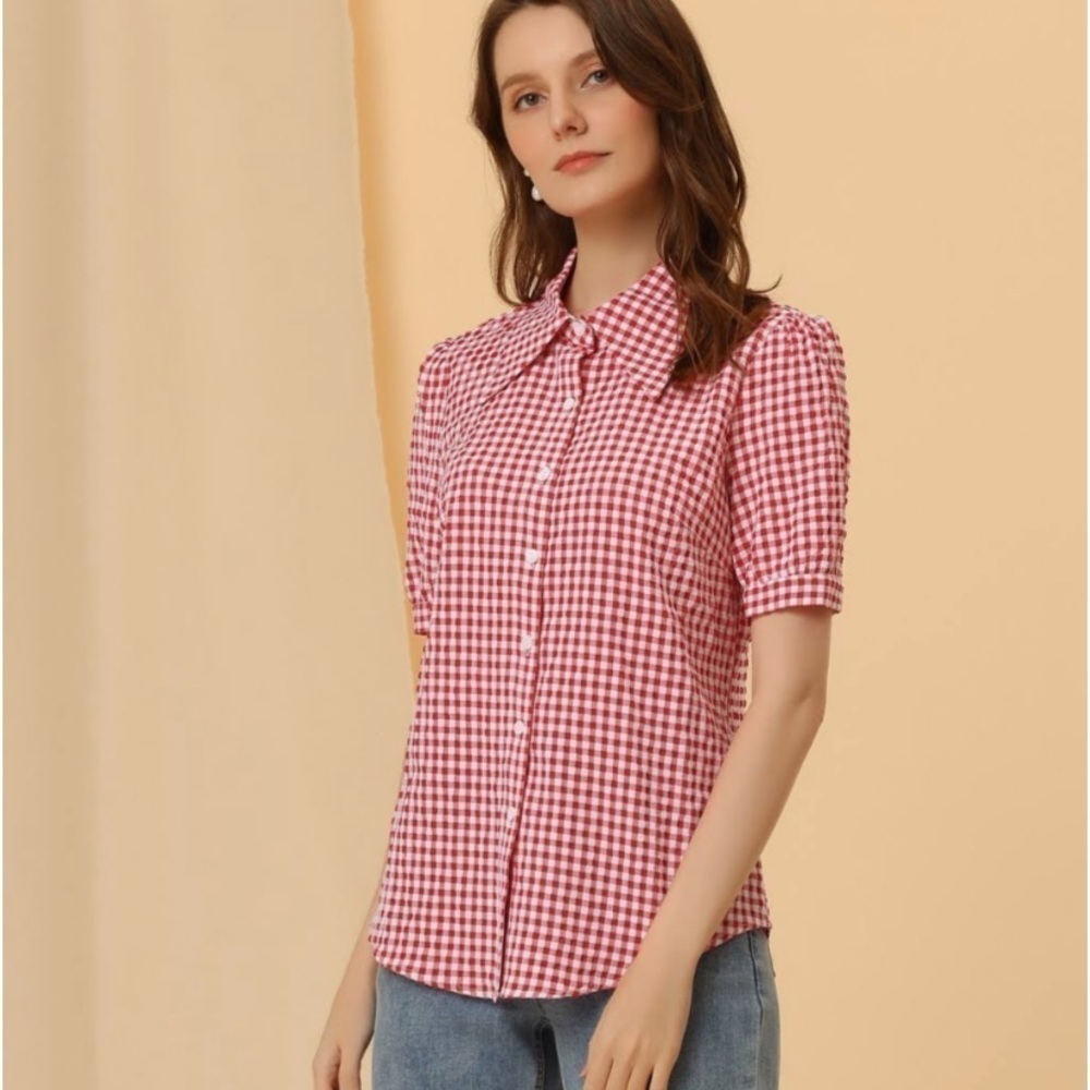 Allegra K Women's Plaid Blouse
Puff Short Sleeve Gingham Shirt